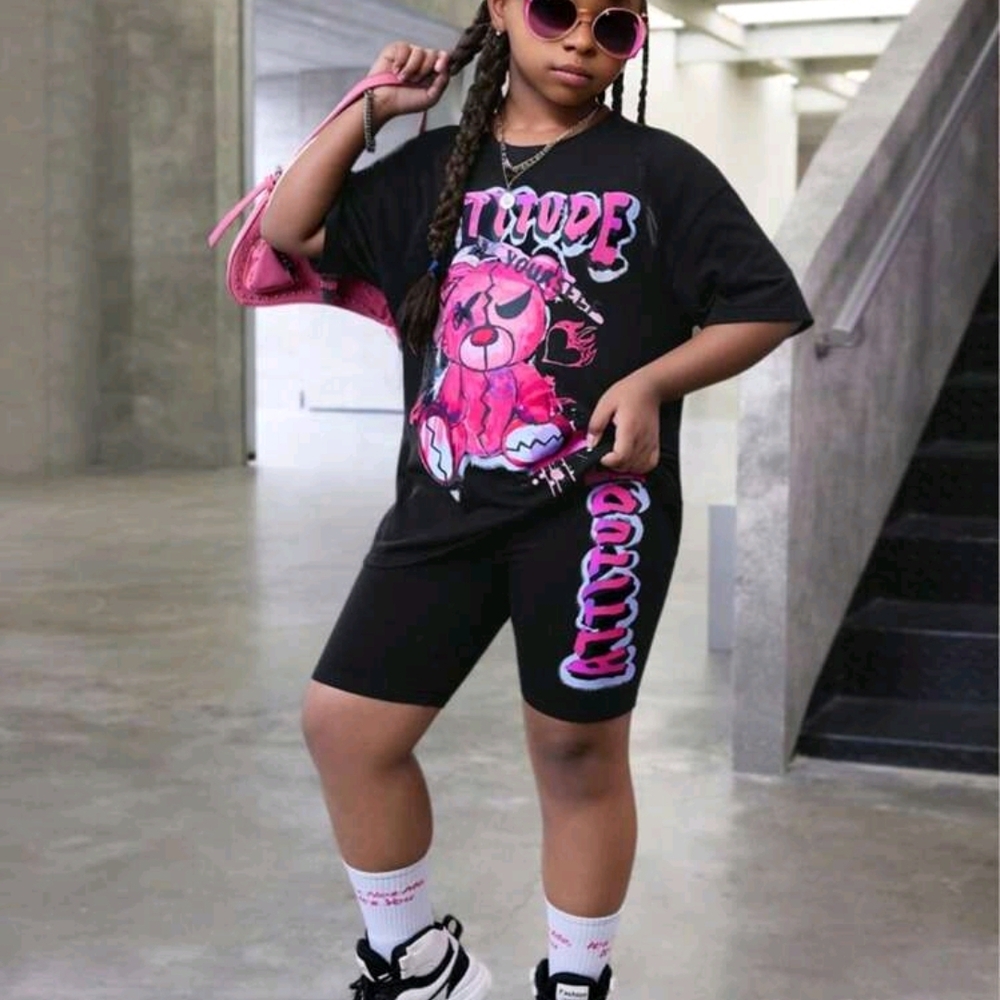 Black Graphic T-Shirt and Shorts Set